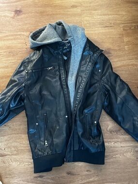 Men's Black Faux Leather Bomber Jacket with Grey Hooded Liner